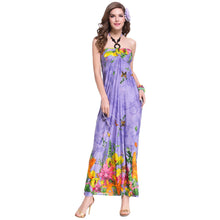 women beach dress bohemian print halterneck off shoulder beading ethnic backless party dress blue purple J4U66