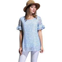 women blouse plus size o neck double layers chiffon shirt butterfly jacquard ruffled short sleeves top blue blusas J4U66