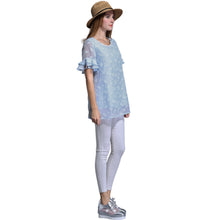 women blouse plus size o neck double layers chiffon shirt butterfly jacquard ruffled short sleeves top blue blusas J4U66