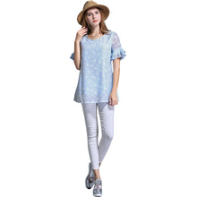women blouse plus size o neck double layers chiffon shirt butterfly jacquard ruffled short sleeves top blue blusas J4U66