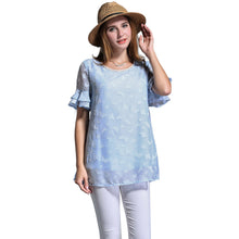 women blouse plus size o neck double layers chiffon shirt butterfly jacquard ruffled short sleeves top blue blusas J4U66