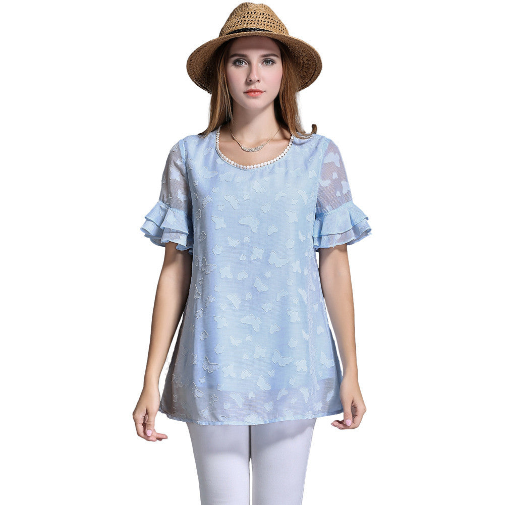 women blouse plus size o neck double layers chiffon shirt butterfly jacquard ruffled short sleeves top blue blusas J4U66