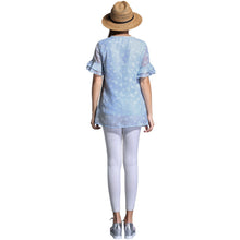 women blouse plus size o neck double layers chiffon shirt butterfly jacquard ruffled short sleeves top blue blusas J4U66