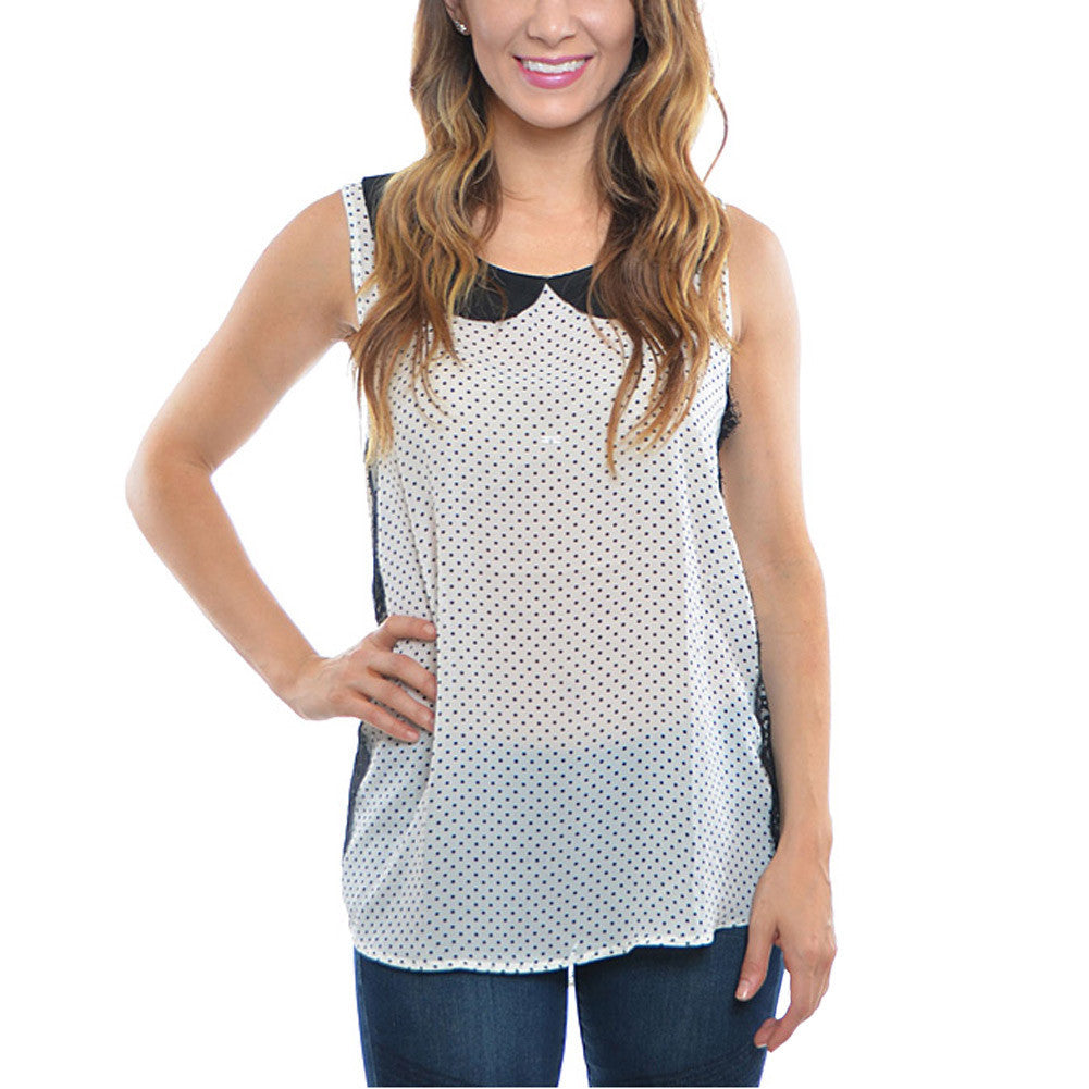 women blouse polka dot peter pan collar sleeveless lace asymmetric hem loose top white J4U66