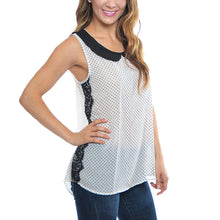 women blouse polka dot peter pan collar sleeveless lace asymmetric hem loose top white J4U66