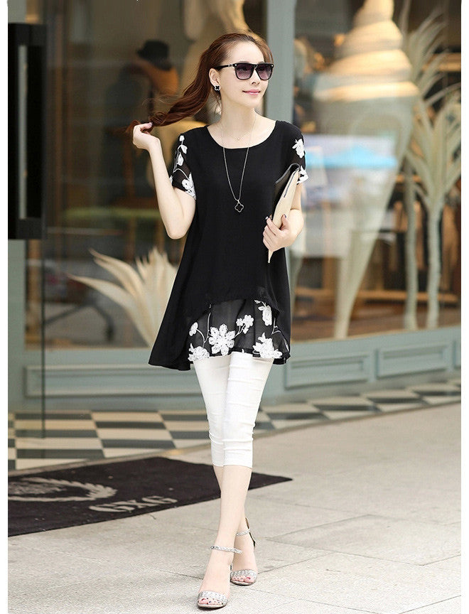 women blouses embroidery o neck short sleeve chiffon blouse white black loose fit casual tops blusa feminina J4U66