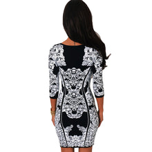 women bodycon dress jacquard print scoop neck three quarter sleeve party mini dress sexy club dress white J4U66