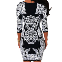 women bodycon dress jacquard print scoop neck three quarter sleeve party mini dress sexy club dress white J4U66