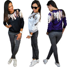 women casual pullover feather print o neck t-shirts 3/4 sleeve women tops blusas black blue white J4U66