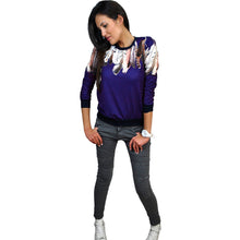 women casual pullover feather print o neck t-shirts 3/4 sleeve women tops blusas black blue white J4U66