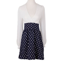 women chiffon dress deep v neck polka dot patchwork side zipper long sleeve vestidos femininos mini dress white J4U66