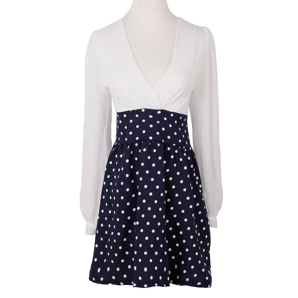 women chiffon dress deep v neck polka dot patchwork side zipper long sleeve vestidos femininos mini dress white J4U66