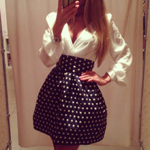 women chiffon dress deep v neck polka dot patchwork side zipper long sleeve vestidos femininos mini dress white J4U66