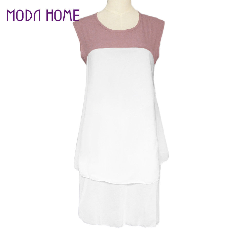 women chiffon dress patchwork round neck ruffle hem sleeveless loose robe vestido casual dress white J4U66