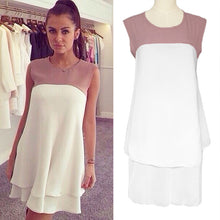 women chiffon dress patchwork round neck ruffle hem sleeveless loose robe vestido casual dress white J4U66
