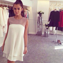 women chiffon dress patchwork round neck ruffle hem sleeveless loose robe vestido casual dress white J4U66