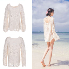 Women Embroidery Tops Sexy See-through Crochet Lace Women Blouse Long Sleeve Beach Swimsuit Bikini Cover Up J4U66