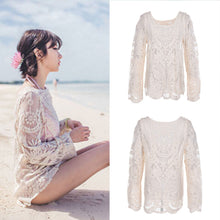 Women Embroidery Tops Sexy See-through Crochet Lace Women Blouse Long Sleeve Beach Swimsuit Bikini Cover Up J4U66