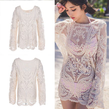 Women Embroidery Tops Sexy See-through Crochet Lace Women Blouse Long Sleeve Beach Swimsuit Bikini Cover Up J4U66