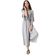 women jumpsuit v neck choker half flare sleeves chiffon rompers pockets elastic waist loose playsuit black grey blue J4U66