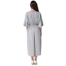 women jumpsuit v neck choker half flare sleeves chiffon rompers pockets elastic waist loose playsuit black grey blue J4U66