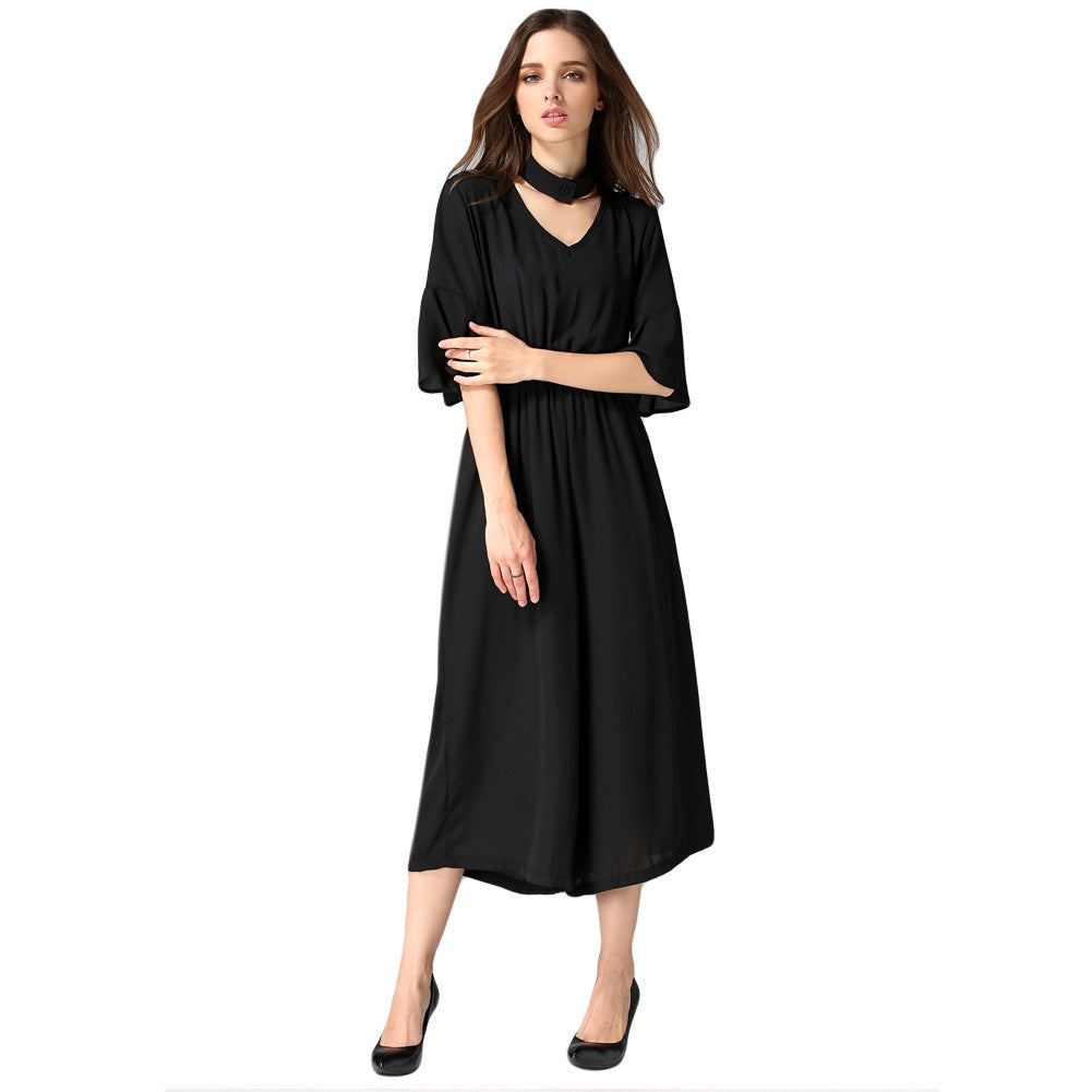 women jumpsuit v neck choker half flare sleeves chiffon rompers pockets elastic waist loose playsuit black grey blue J4U66