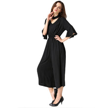 women jumpsuit v neck choker half flare sleeves chiffon rompers pockets elastic waist loose playsuit black grey blue J4U66