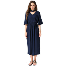 women jumpsuit v neck choker half flare sleeves chiffon rompers pockets elastic waist loose playsuit black grey blue J4U66