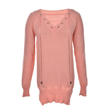 Women Loose Tops Casual Knitted Long Pullovers Sexy Deep V-Neck Cross Bandage Long Sleeve Sweaters J4U66