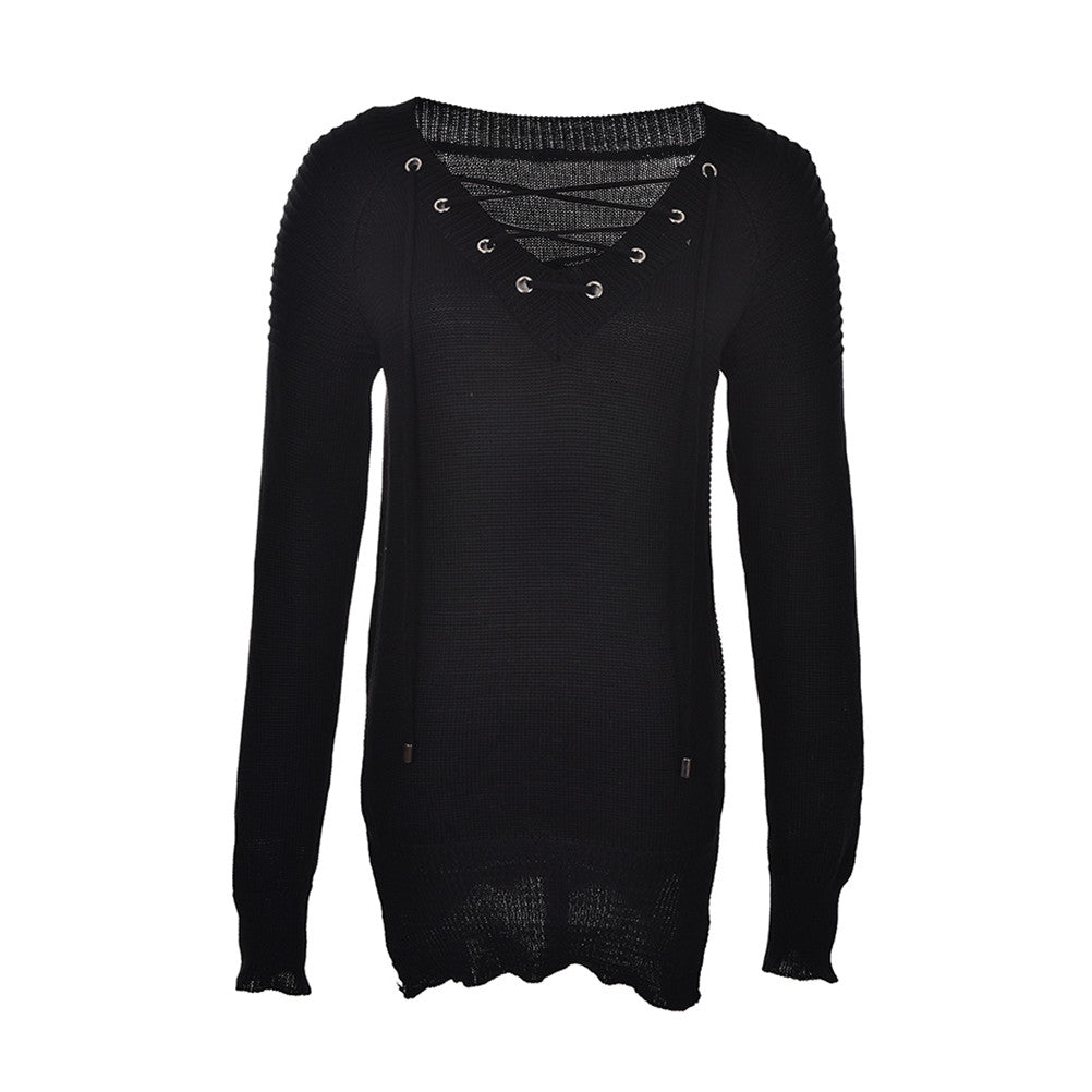 Women Loose Tops Casual Knitted Long Pullovers Sexy Deep V-Neck Cross Bandage Long Sleeve Sweaters J4U66