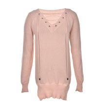 Women Loose Tops Casual Knitted Long Pullovers Sexy Deep V-Neck Cross Bandage Long Sleeve Sweaters J4U66
