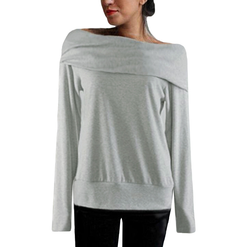 women loose tops off shoulder slash neck long sleeve t-shirts warm women tops blusas grey coffee J4U66