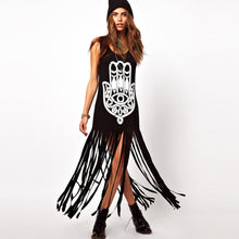 women maxi dress geometry print tassel casual dresses sleeveless long tank dress sundress black J4U66