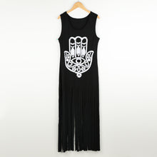 women maxi dress geometry print tassel casual dresses sleeveless long tank dress sundress black J4U66