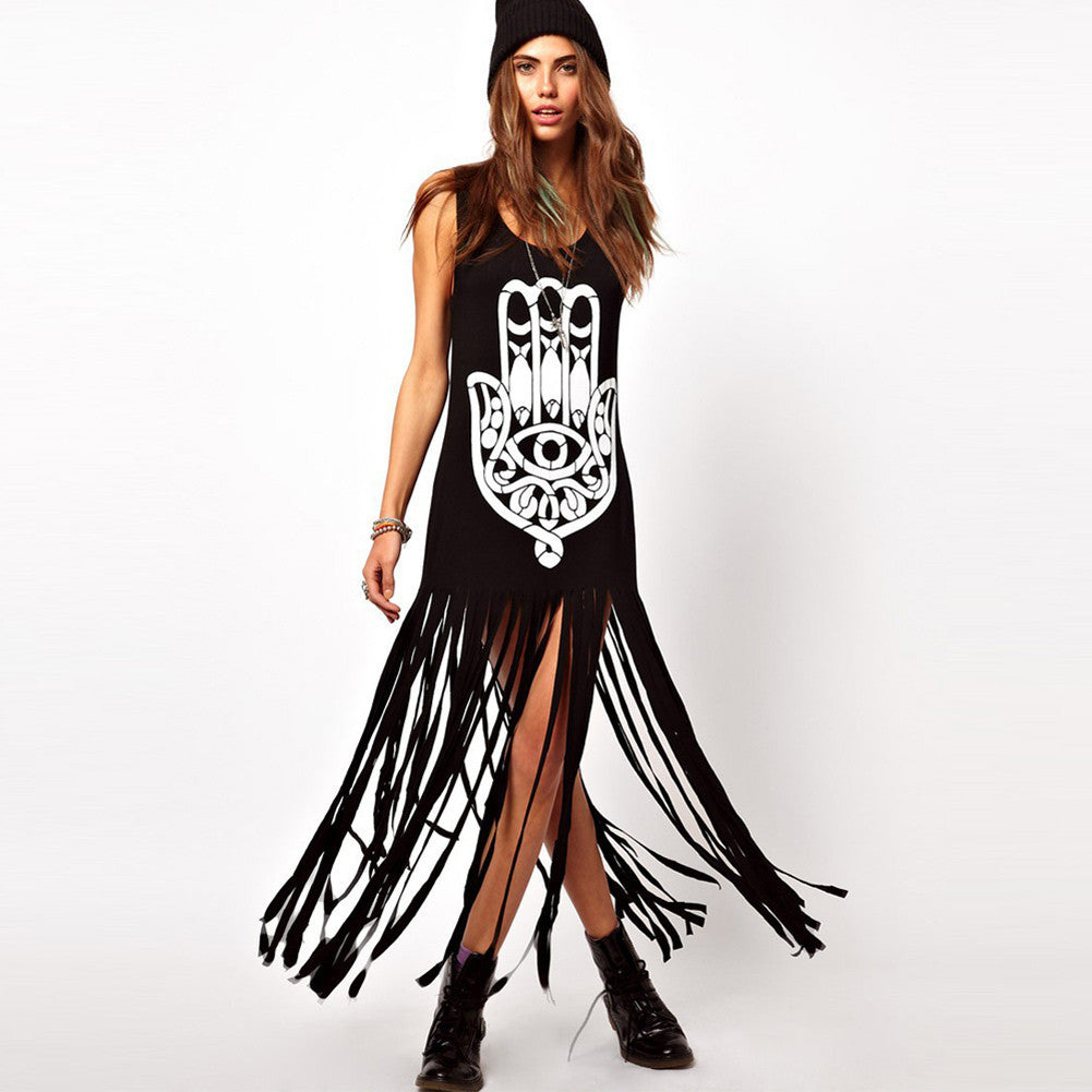 women maxi dress geometry print tassel casual dresses sleeveless long tank dress sundress black J4U66