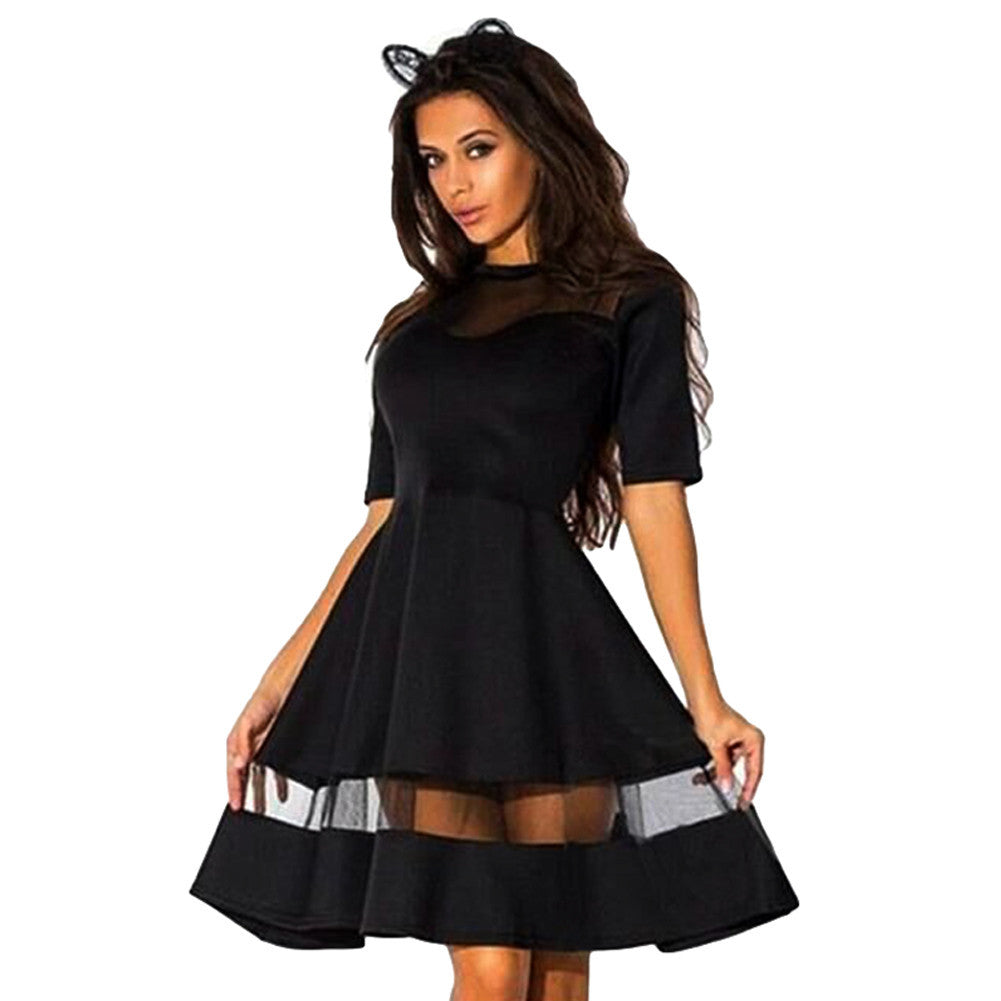 women mini dress mesh splice o neck half sleeves a line elegant princess party dress red black blue J4U66