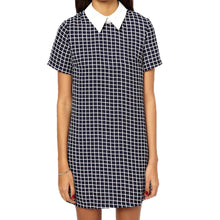 women plaid pattern dress turn down collar short sleeve checked casual shift dress vestido de festa dark blue J4U66