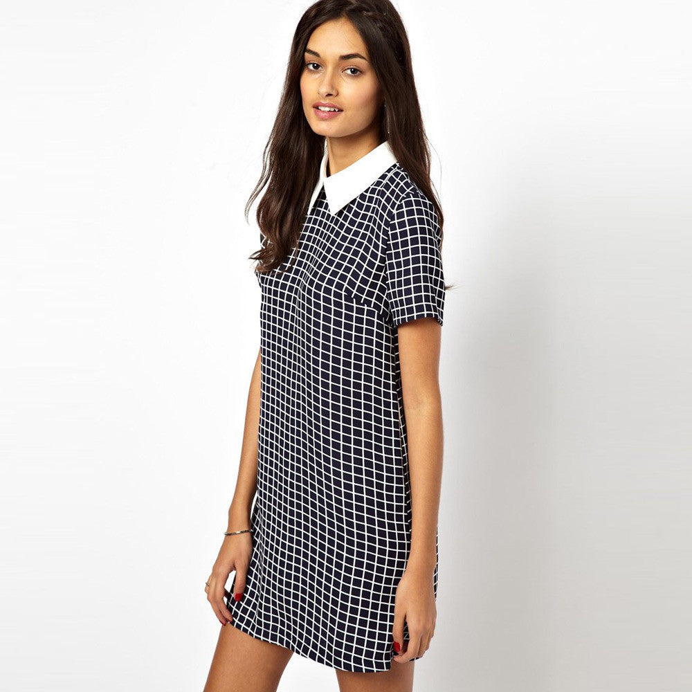 women plaid pattern dress turn down collar short sleeve checked casual shift dress vestido de festa dark blue J4U66