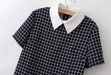 women plaid pattern dress turn down collar short sleeve checked casual shift dress vestido de festa dark blue J4U66