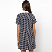 women plaid pattern dress turn down collar short sleeve checked casual shift dress vestido de festa dark blue J4U66