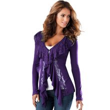 women slim coat hollow lace ruffle deep v neck long sleeve thin sexy outwearcoat purple J4U66