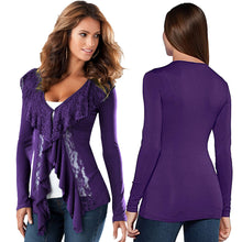 women slim coat hollow lace ruffle deep v neck long sleeve thin sexy outwearcoat purple J4U66
