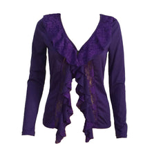 women slim coat hollow lace ruffle deep v neck long sleeve thin sexy outwearcoat purple J4U66