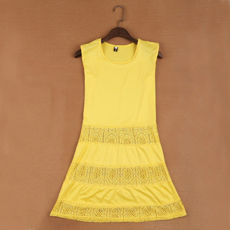 women slim dress sleeveless lace splicing a line basic dress yellow J4U66
