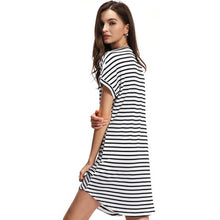 women stripe dress v neck short batwing sleeves curve hem casual t-shirts dress vestidos white J4U66