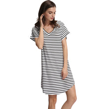 women stripe dress v neck short batwing sleeves curve hem casual t-shirts dress vestidos white J4U66