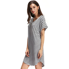 women stripe dress v neck short batwing sleeves curve hem casual t-shirts dress vestidos white J4U66