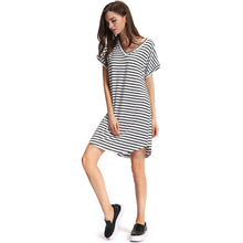 women stripe dress v neck short batwing sleeves curve hem casual t-shirts dress vestidos white J4U66