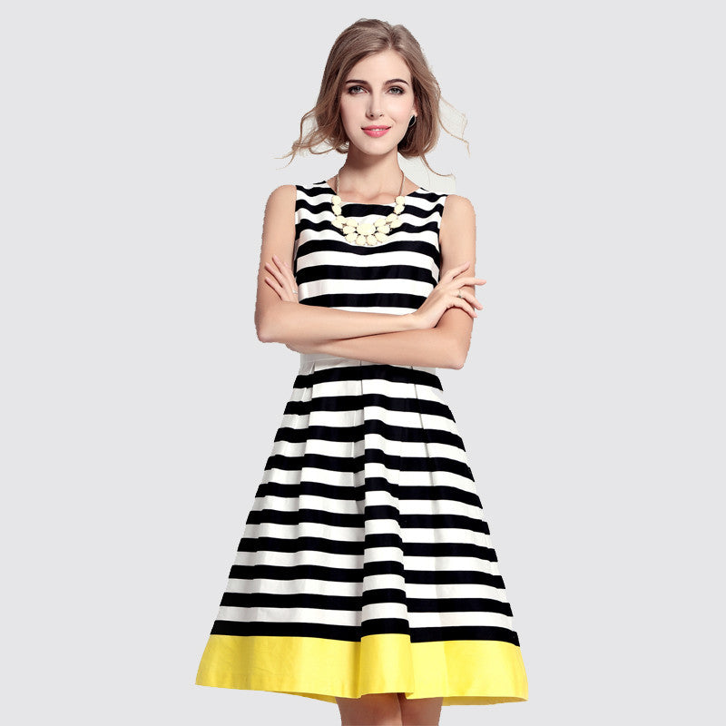 women dress round neck sleeveless contrast hem striped beach dress sweet women mini office dress vestidos J4U66