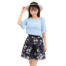 women two piece set ruffles flare sleeve chiffon tops mesh flower print strap splicing sweet pink blue J4U66